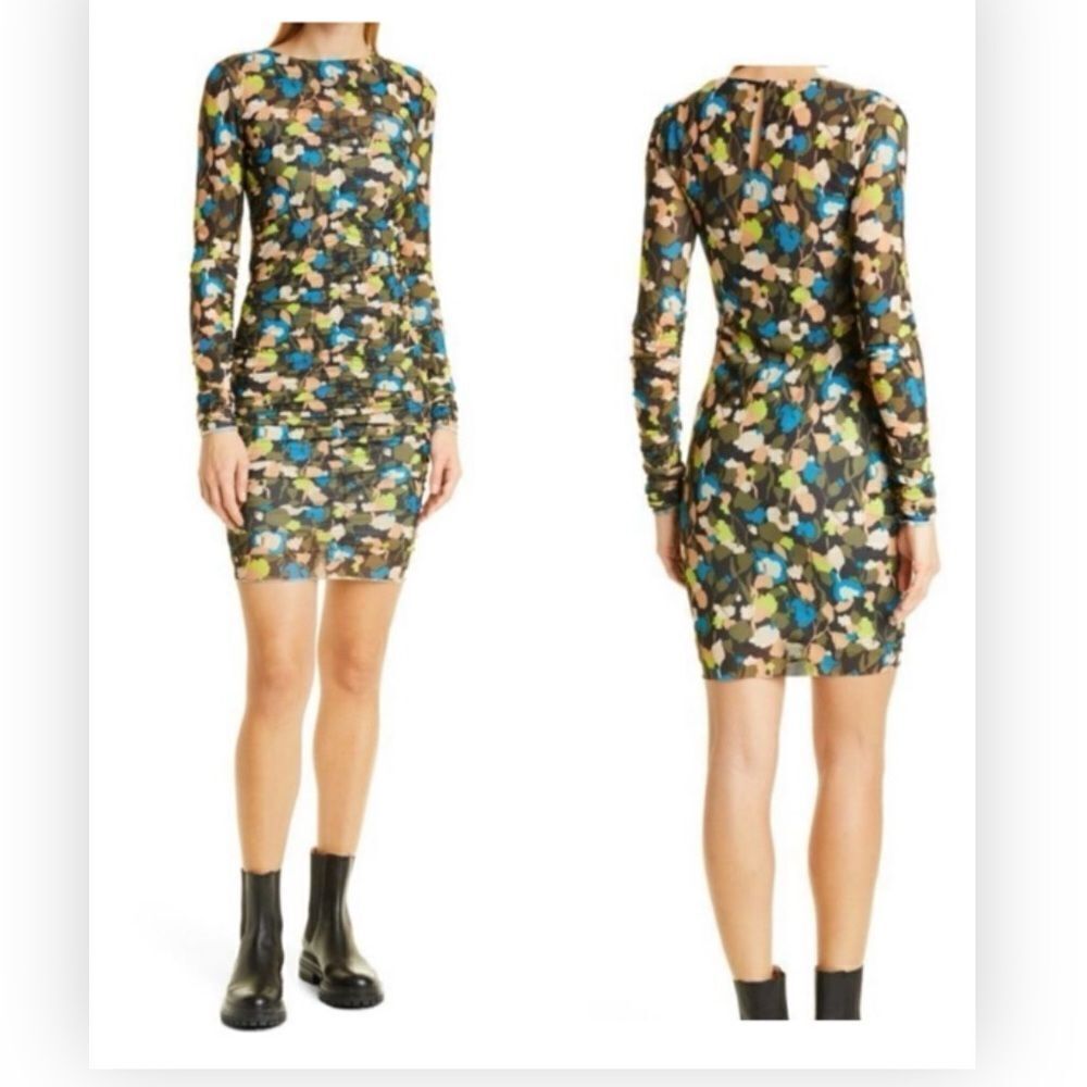 TED BAKER NWT Tina Ruched Front Long Sleeve Minidress Colorful $225